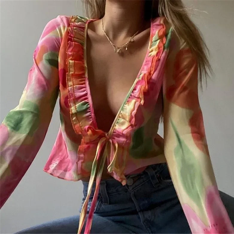 

Print Long Sleeve Cropped Tops Women Blouses Ruffles V Neck Bandage 2024 Spring Summer Casual Shirt Y2K Top Party Beach Blouse