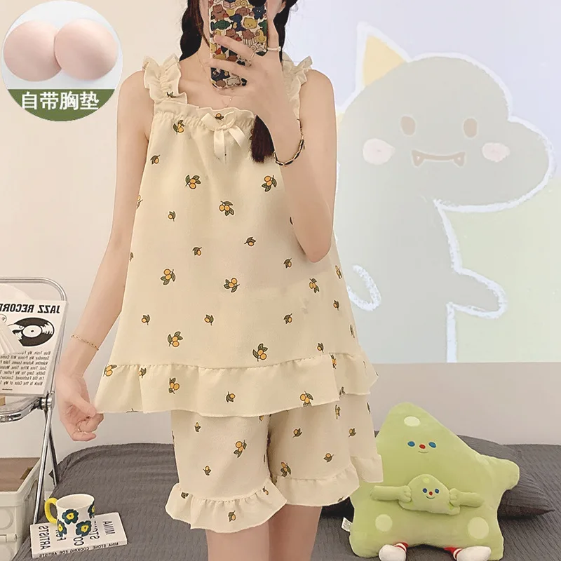 Women's Pajamas Sets Bow Strap Pyjama Summer Pijama Mujer Pjs Sleepwear Sexy Sleeveless Shorts 2 Piece Casual Homewear Nightwear