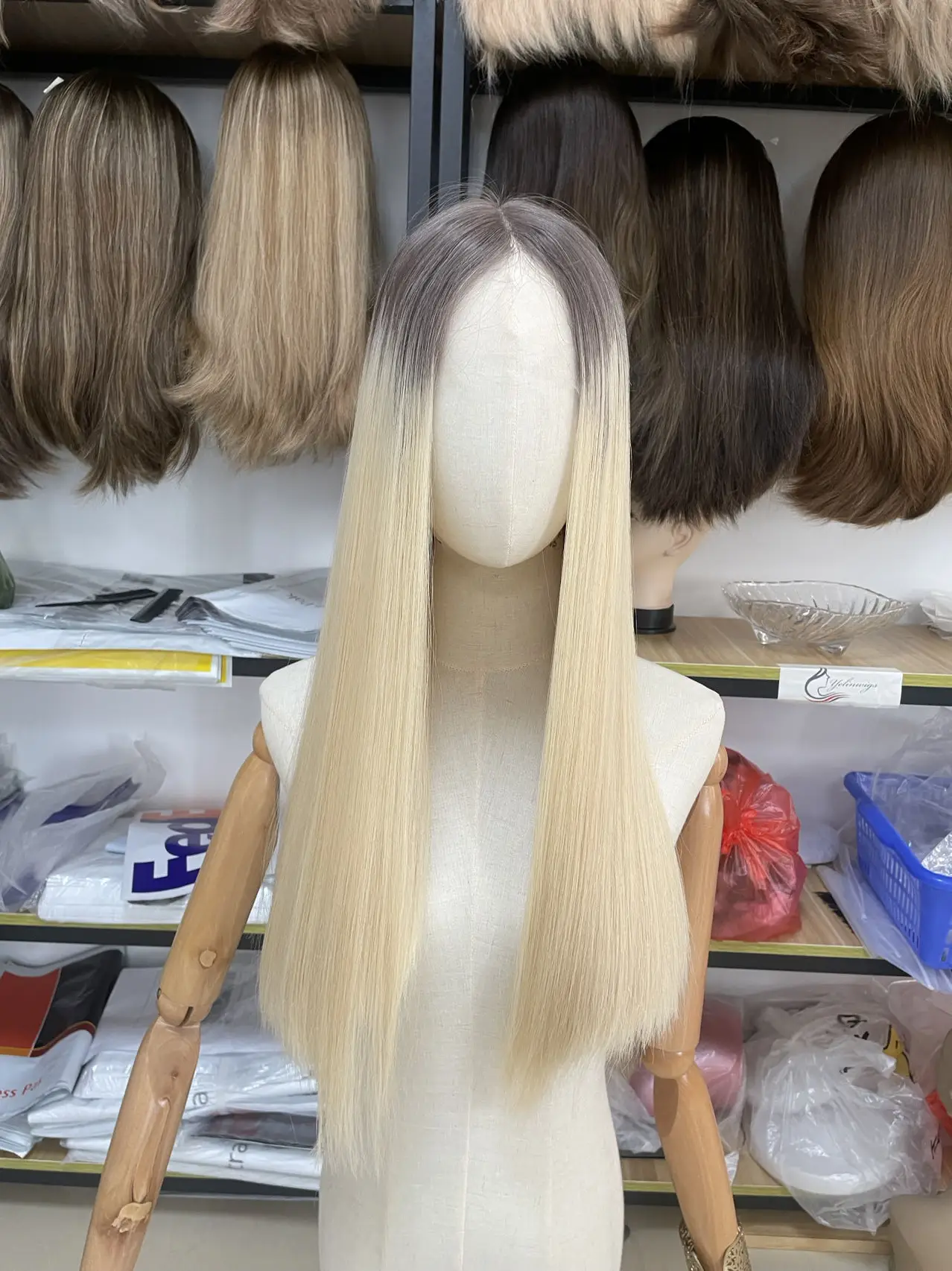 

Yelin #NMC Blonde Wig with Ashy Roots Jewish Lace Top Wigs European 100% Human Hair Natural Slik and Soft Kosher Fashion Wigs