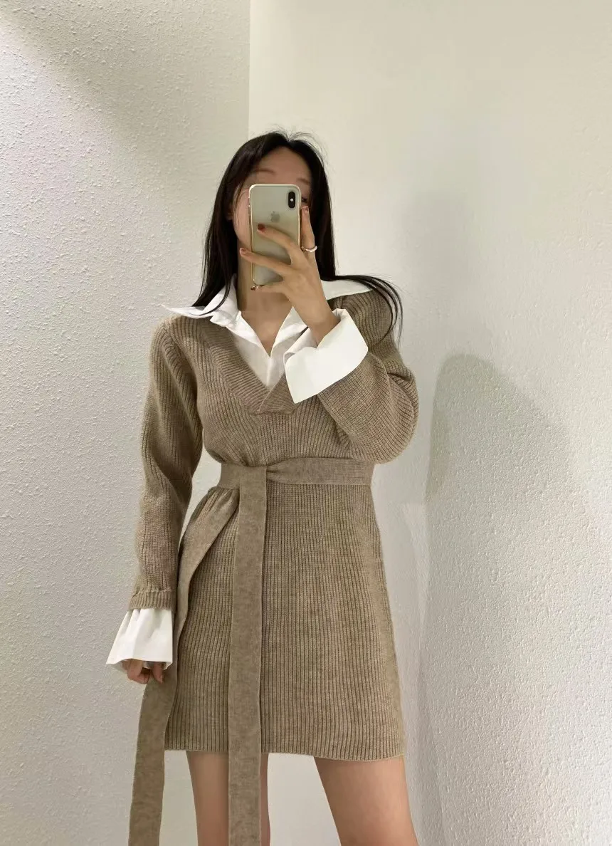 Korean Chic Mini Dresses Women Turn-down Collar Long Sleeve Shirt Patchwork Autumn Winter Knitted Dress Casual Fashion Vestidos
