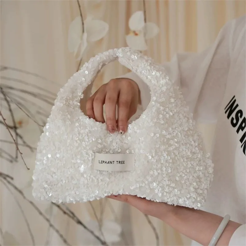 JIAERDI Pure White Sequined Handbag Women Exquisite Small Hobo Bucket Bag Ladies Fashion Premium Design Versatile Purse 2025 New