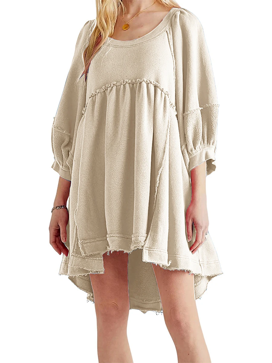 

Women Oversized Sweatshirt Dress Crewneck Long Sleeve Pleated Short Dress Patchwork Flowy Mini Dresses