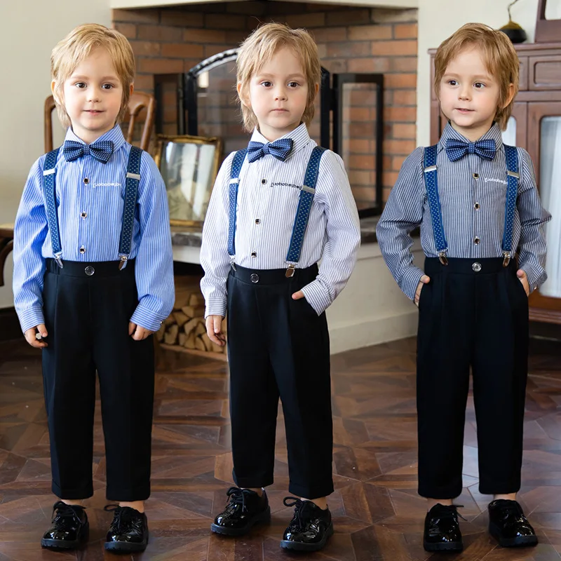 

Flower Boys Shirt Strap Pants Bowtie Party Photograph Suit Children Performance Wedding Dress Kids Graduation Ceremony Tuxedo