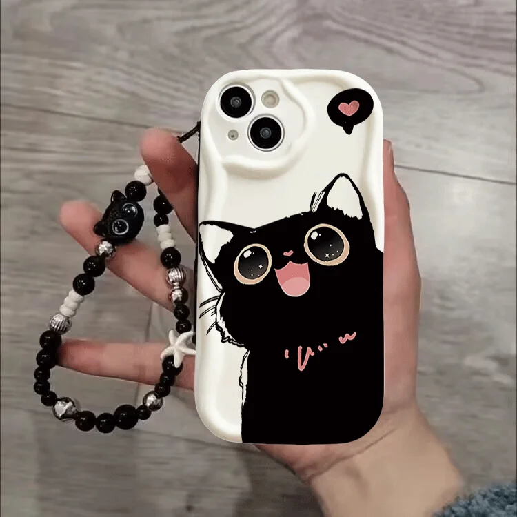 Charming Cat Bow Wrist Chain Clear Soft Phone Case
