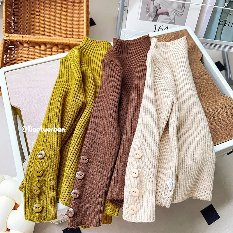 

Sweater Girls Autumn New Half High Collar Button Knitting Undershirt Striped Soild 2023 Simple Versatile Pullover