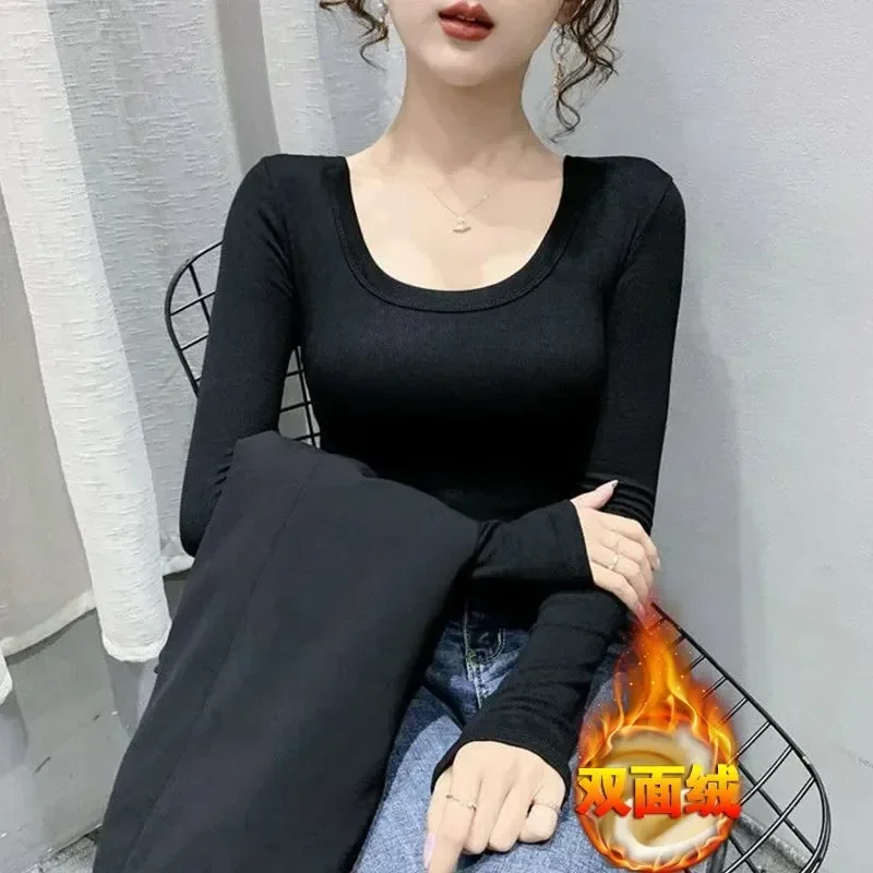 

T-shirt Thermal Body Women's Neck Shirt Color Top Thread Base Sleeve With Underwear Cotton Slim Solid Long Low U-neck Winter