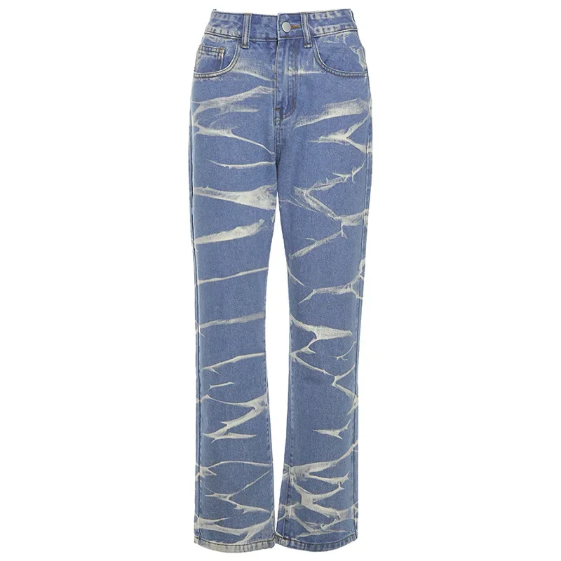 Y2k Striped Jeans Women High Waist Denim Straight Pants Korean Fashion Indie Style Milk Print All-Match Harajuku Casual Trousers