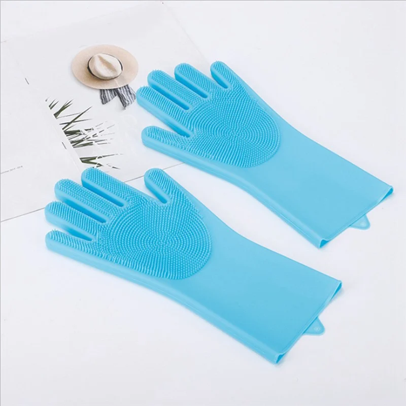 Dishwashing Gloves Pet Bath Massage Hair Removal Gloves Sky Blue & Pink Silica Gel For Washing Dishes,Reusable
