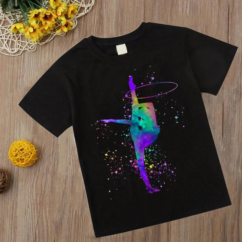 Watercolor Gymnastics T-shirt New Kids Girls Cotton T-shirt Kawaii Gymnastics Art T-shirt Fashion clothing Cartoon black T-shirt 5