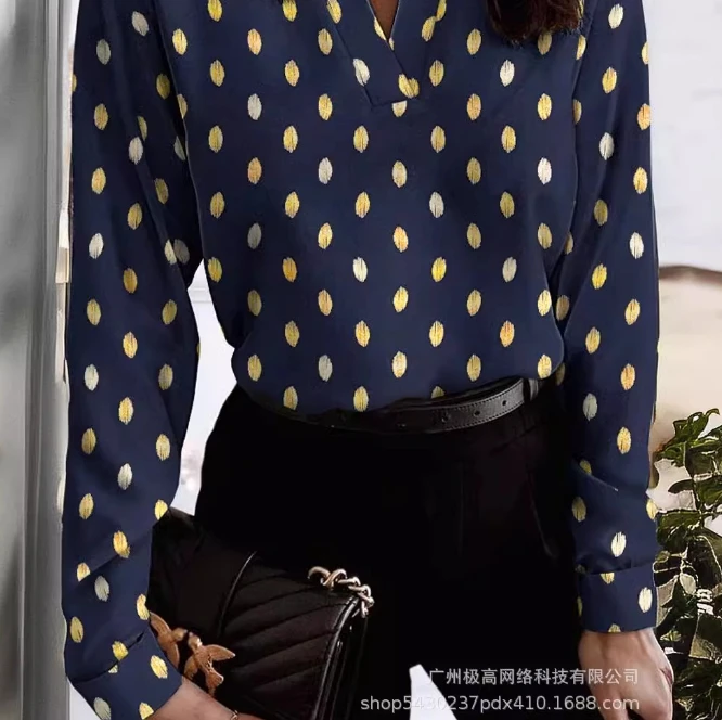 Summer New Polka Dot Hot Stamping V-Neck Long Sleeved Shirt with Fashionable Temperament Commuting Long Sleeved Women's Shirt