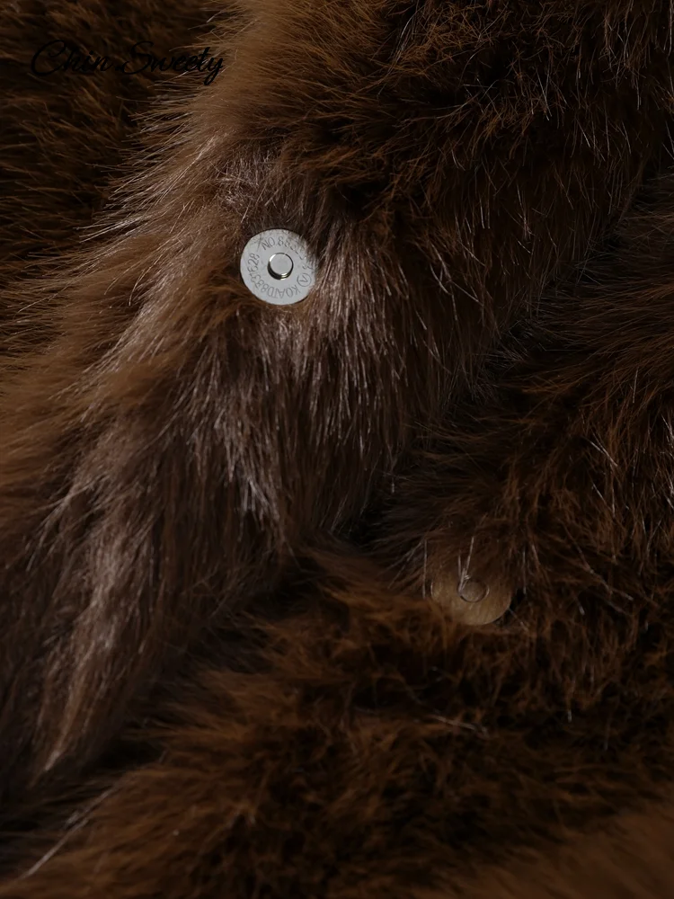 Luxury Women's Brown Faux Fur Coat Lapel Mid-Length Loose Imitation Plush Furry Buckle Overcoat Winter Lady Thick Warm Outwear