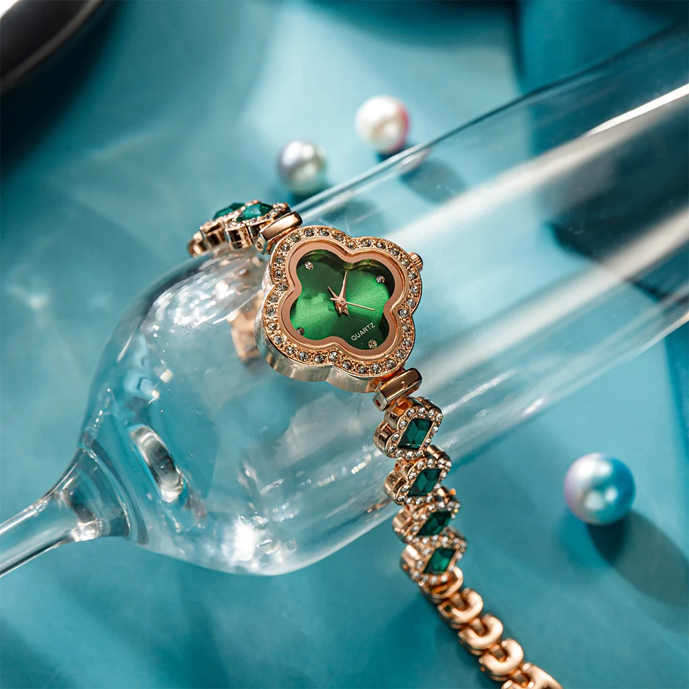 Ležérní móda náramek růže zlato luxusní smaragd zelená ženy křemen hodinky diamant hodinky ciferník hodinky dívčí dar ženy nový