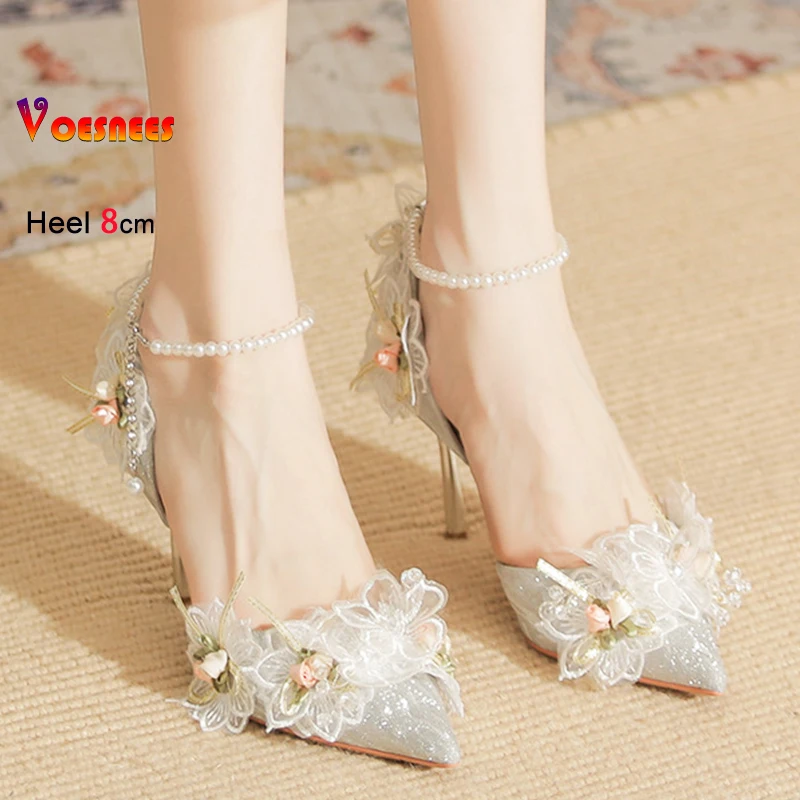 Women's Pumps Elegant Lady Evening Party Dress Prom Shoes 8CM Lace Flower Pearls Single Shoes Spring Summer Pointed High Heels 6