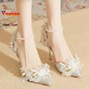 Women's Pumps Elegant Lady Evening Party Dress Prom Shoes 8CM Lace Flower Pearls Single Shoes Spring Summer Pointed High Heels 6