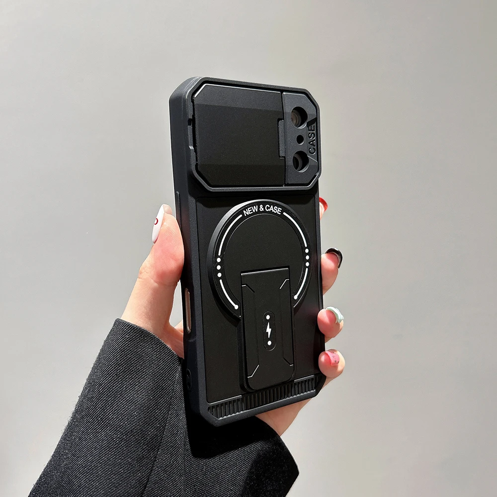 Enhanced Magnetic Folding Bracket Phone Case with Flip Lens Protection and Stand Cover