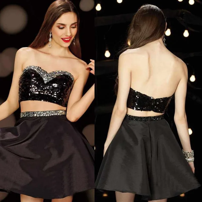 

Short Sexy Black Two Piece Sequined Taffeta A-Line Mini Sweetheart Crystal Prom Party Gown Beaded 2018 bridesmaid dresses