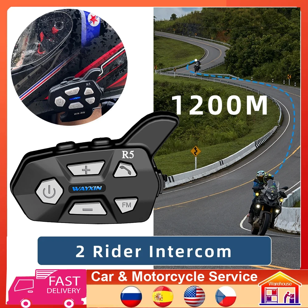 WAYXIN R5 Motorcycle Intercom Helmet Headsets FM Radio, BT5.0 Communication  Interphone Intercomunicador Moto, Waterproof 2 Rider