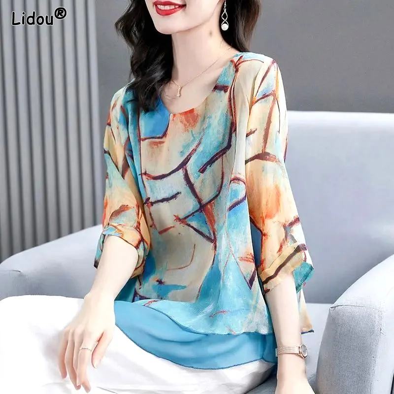 Summer Thin Fashionable Printing Fashion Chiffon Round Neck Loose Three Quarter Sleeve Women's Clothing Casual Pullovers Tops