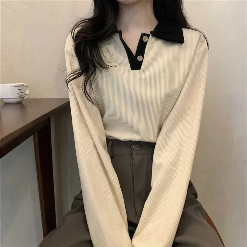Casual Women T-shirts Korean Fashion Sweet Preppy Style Tops Female Autumn Long Sleeve Turn Down Collar Basic Pullovers Tees 1