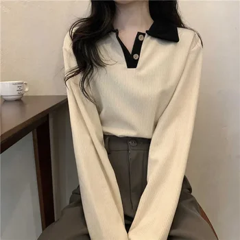 Casual Women T-shirts Korean Fashion Sweet Preppy Style Tops Female Autumn Long Sleeve Turn Down Collar Basic Pullovers Tees 1