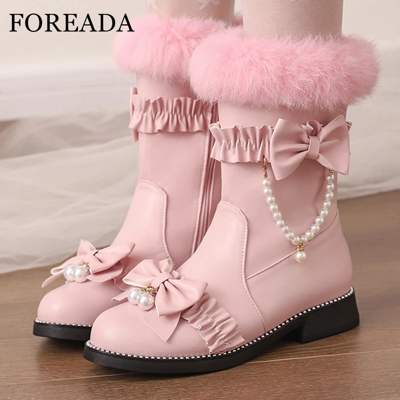 

FOREADA Women Lolita Ankle Boots Round Toe Flats Kawaii Rivets Zipper Bead Bow Short Boot Ladies Fashion Cosplay Shoes Winter 43