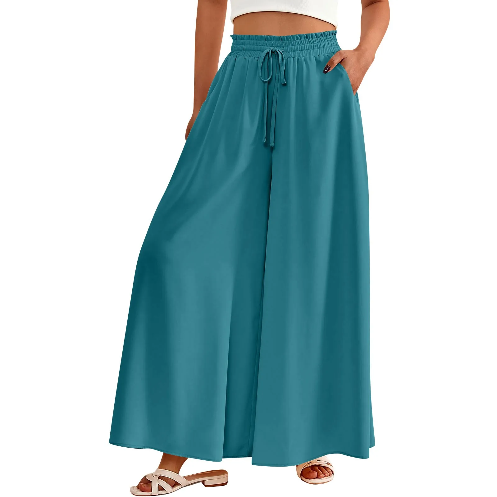 

Women High Waisted Wide Leg Pants Summer Casual Flowy Palazzo Pants Solid Beach Trousers Pocket Ladies Harem Pants Pantalones