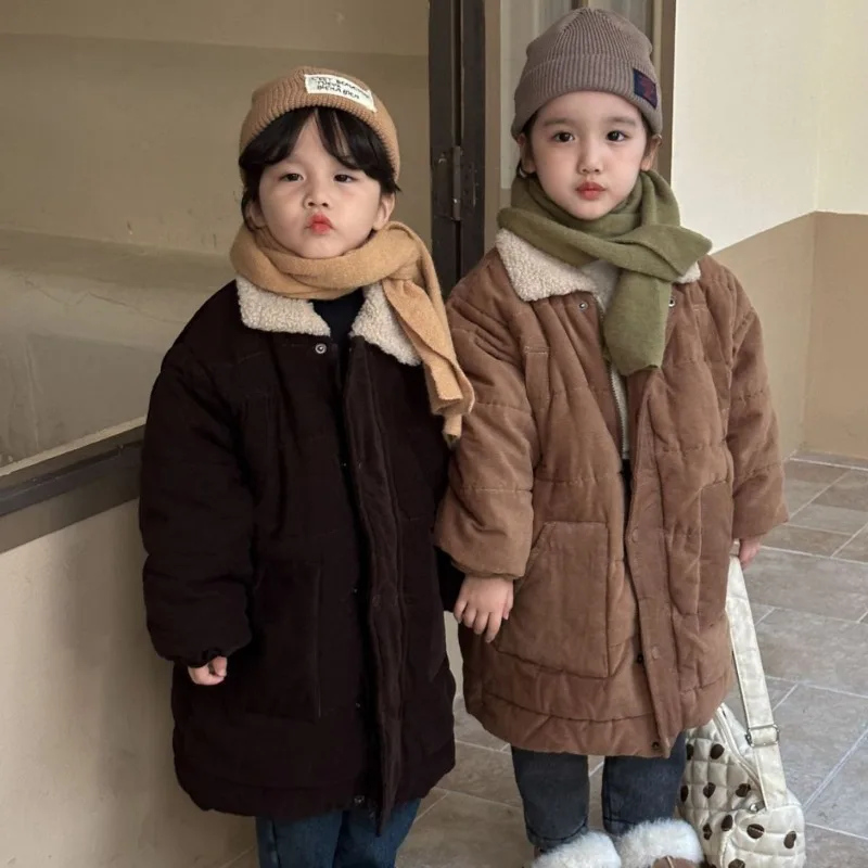 

2023 Winter Kids parkas Boys corduroy long style quilted Coats Girls Fur Lining thicken warm trench jackets