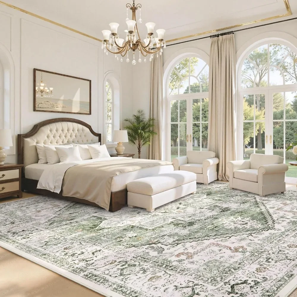 NEW-Green 10x14 Area Rugs, Soft Extra Large Area Rug for Living Room Low Pile Non Slip Boho Rug, Non Shedding Indoor Carpet for