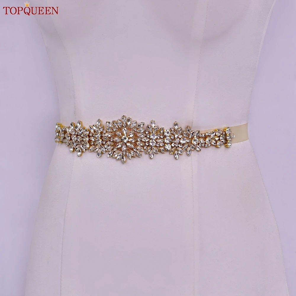 TOPQUEEN S319-G 플러스 사이즈 신부 가운 벨트 여성을위한 황금 벨트 라인 석 벨트 여자 친구 럭셔리 리본 벨트 웨딩 새시