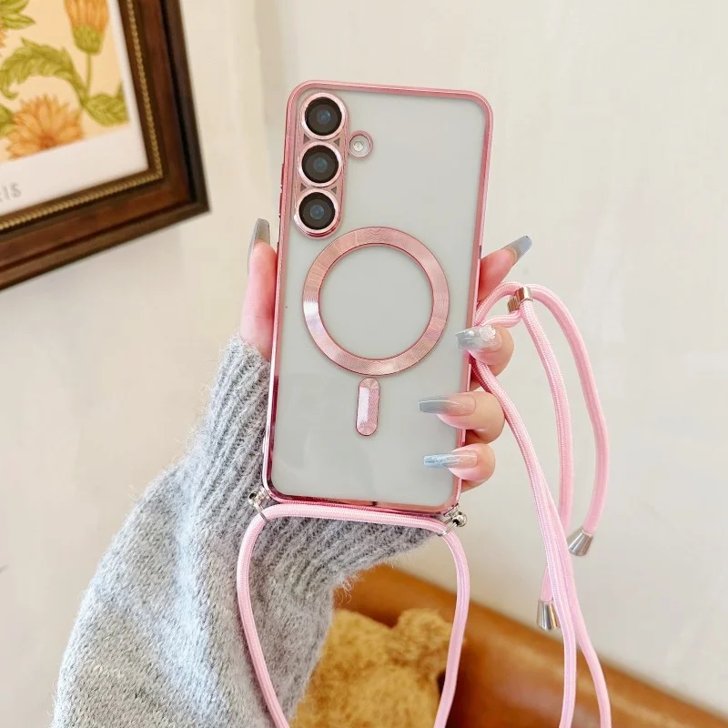 Magnetic Transparent Plating Crossbody Lanyard Phone Case with MagSafe