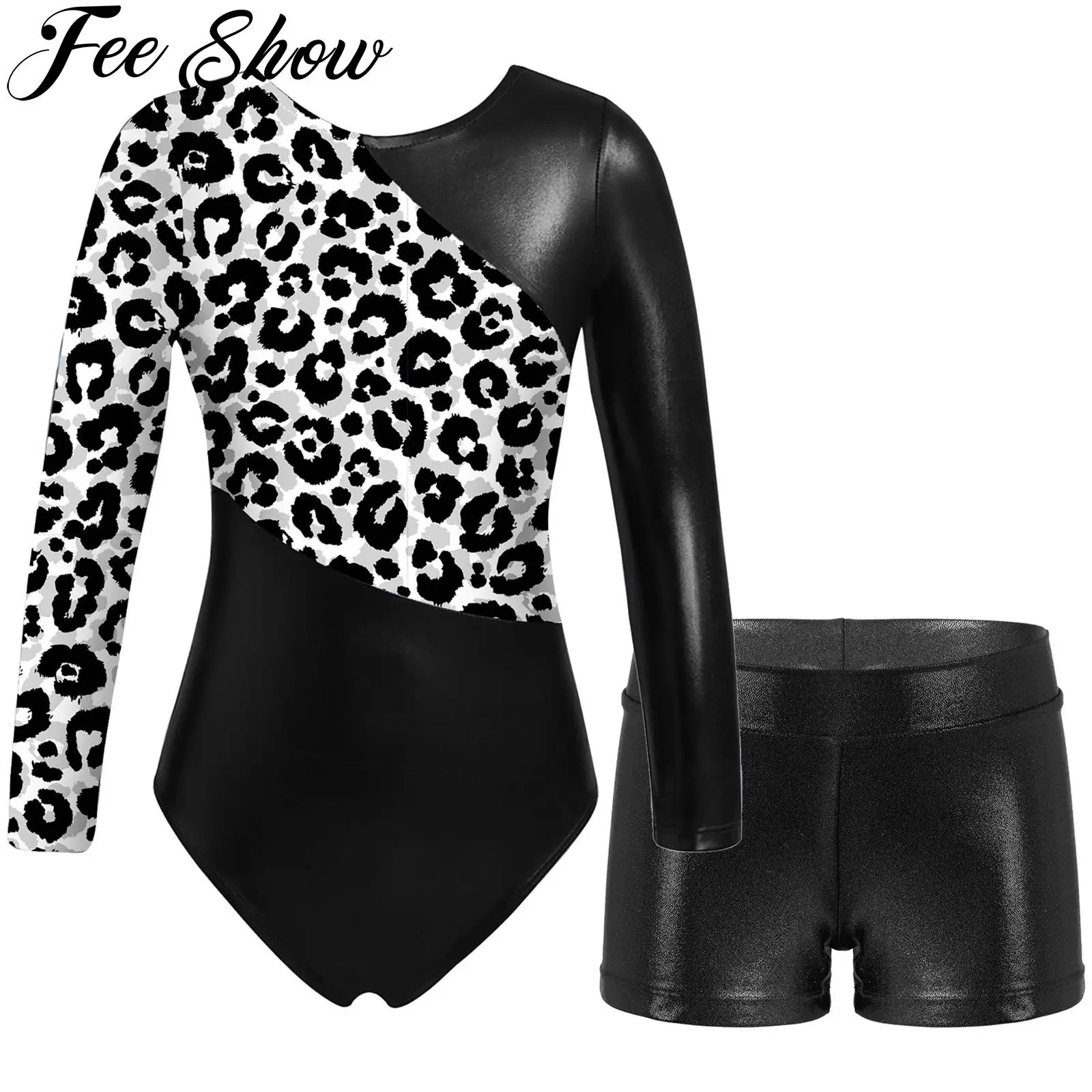 

Kids Girls Long Sleeve Printed Patchwork Leotard with Metallic Shorts Set for Ballet Dance Gymnastics Workout Sports Performance