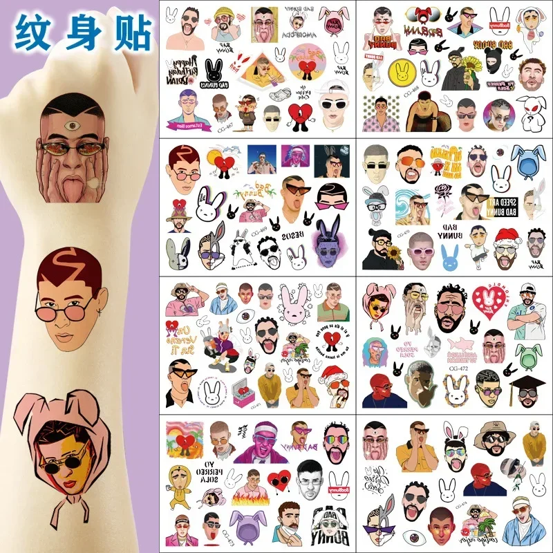 Singer Star Cartoon Bad Bunny Tattoo Stickers Children's Temporary Tattoos Body Art Cosplay Party Toys Kids Fans Gift