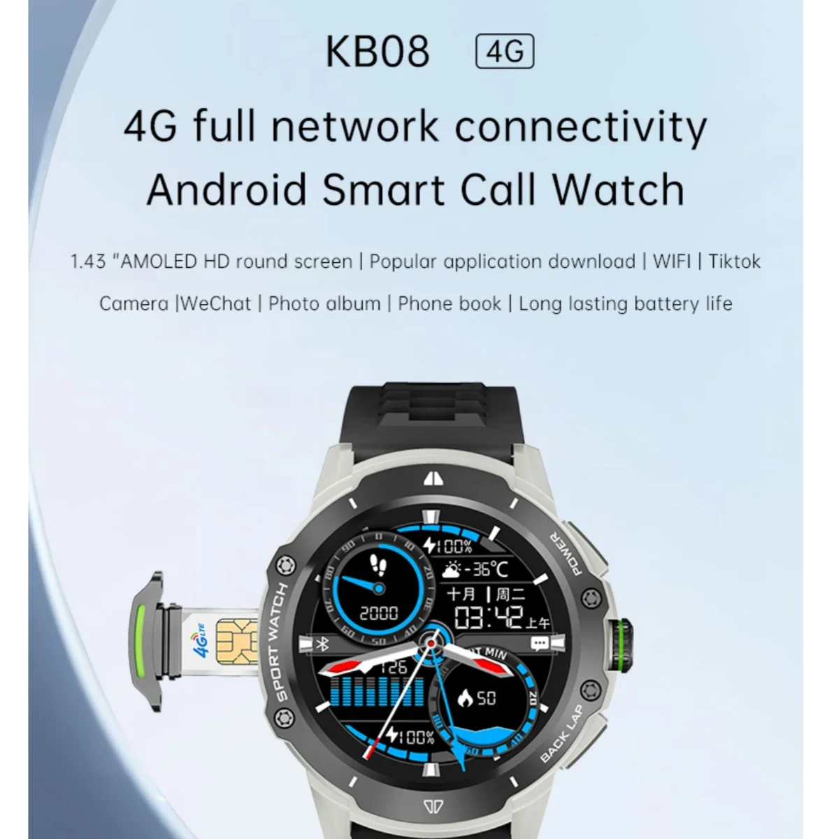 KB08 Ʈ ġ 4G Ʈũ SIM ī, 1.43 ġ AMOLED 200W ī޶, GPS ,  ÷, ̳ ̾, ȵ̵, , ǰ