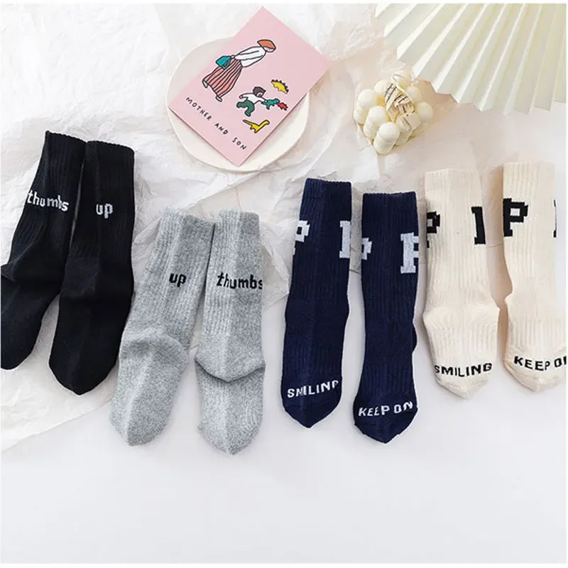 3-12Y Spring Autumn Winter Kids Children Soft Cotton Stockings for Baby Girls Boys Solid White Letter Socks Sports Stuff