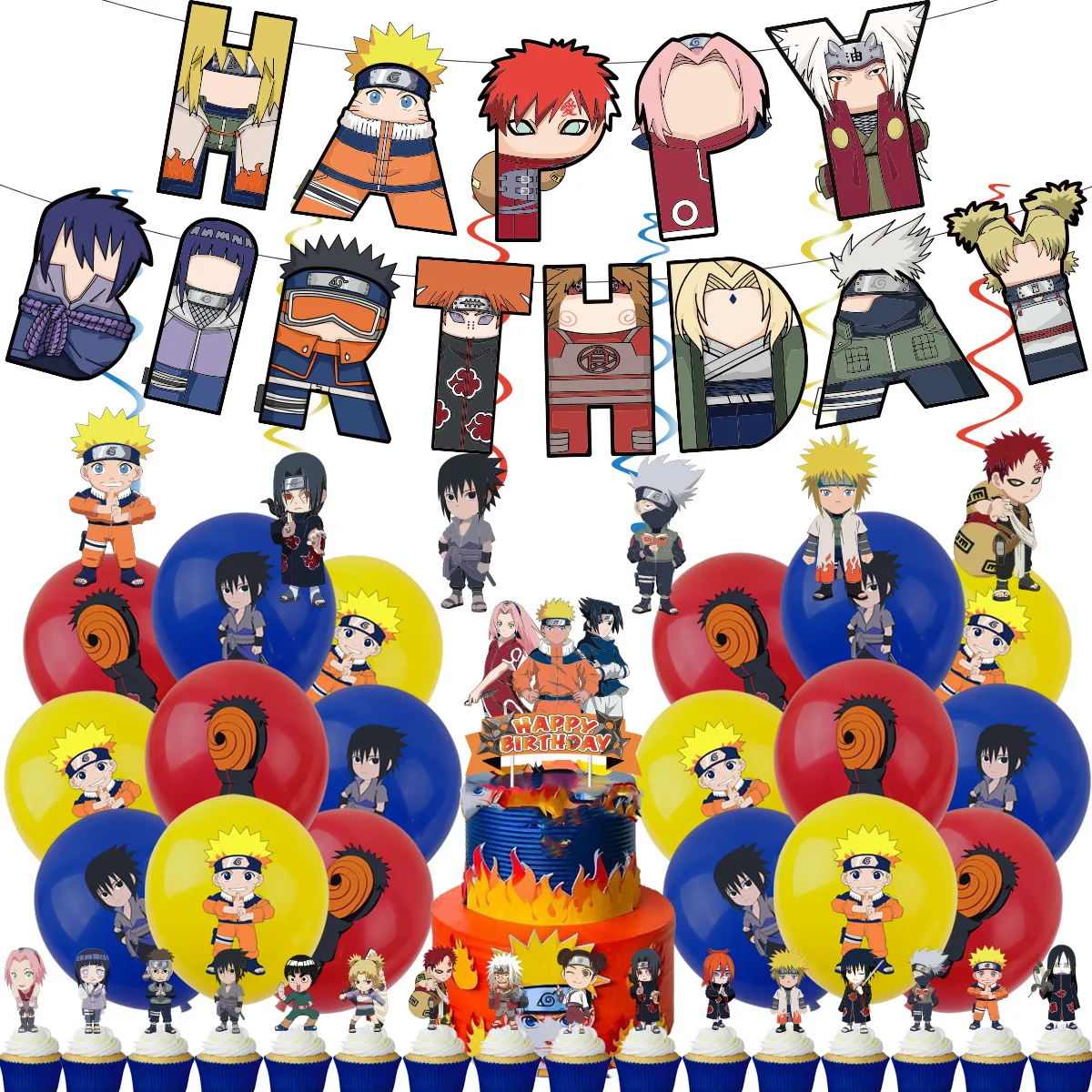 Naruto Anime Birthday Party Supplies Set - Decorations, Banner, Tablecloth, Plates, Balloons, and Gifts