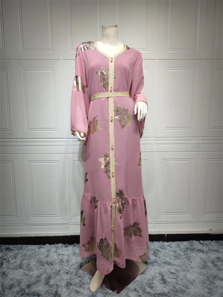 

Women Special Party Elegant Formal Floral Bronzing Print Dress Tape Trim Long Sleeve Panel Belted Kaftan Dubai Chiffon Dress