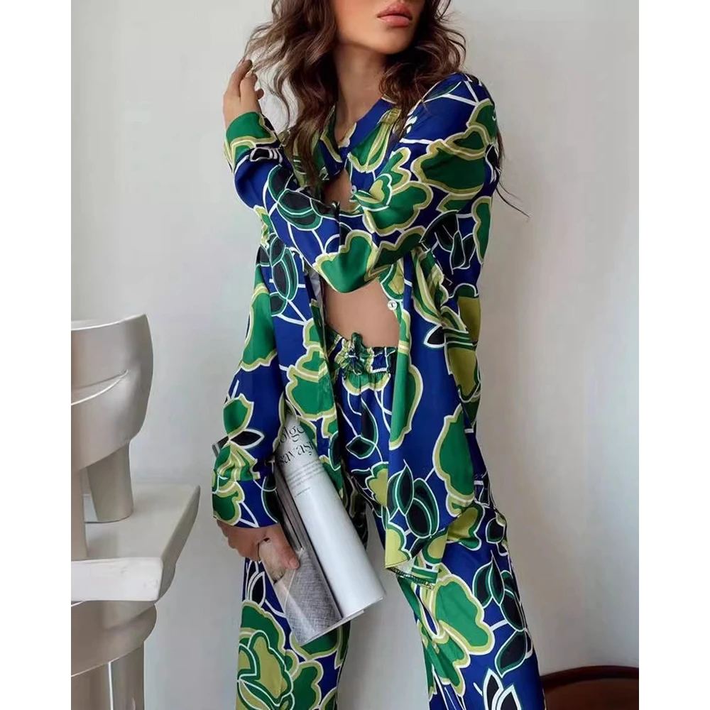 Casual Korean Style Women Floral Print Long Sleeve Shirt Top & Straight Leg Pants Set Office Lady Two Pieces Suit Set Workwear