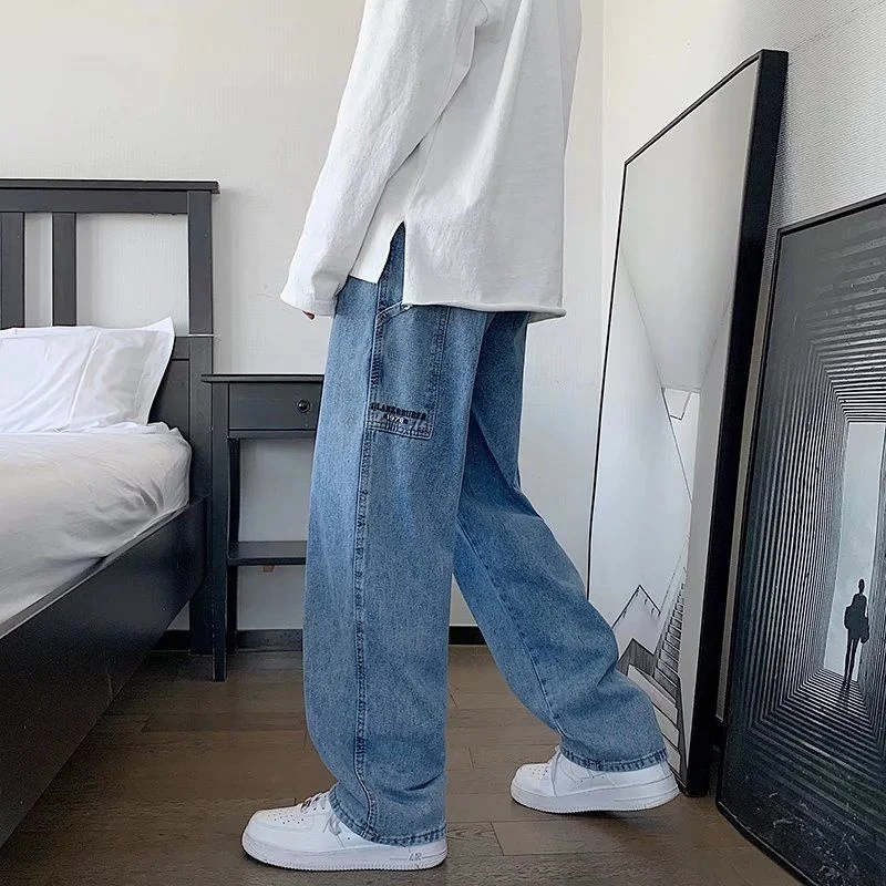 

Straight Wide Leg Washed Jeans Men's Oversize Printed Letter Pocket Overalls Hiphop Street Loose Denim Trousers Four Seasons