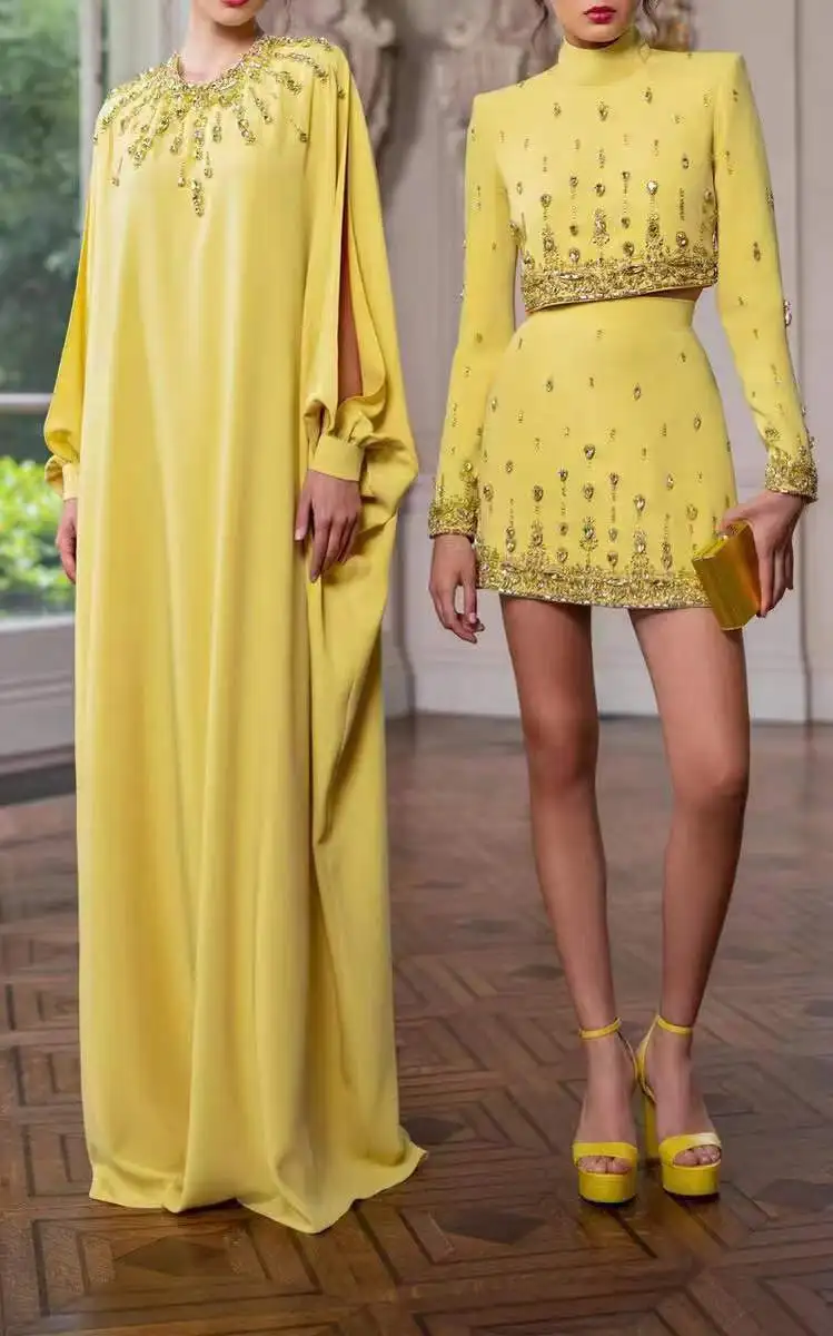 Ly68 Zuhair Murad Due Pezzi Yellow Crystal Short Mini Length Sexy Custom Make Muslimagnades Crapheri
