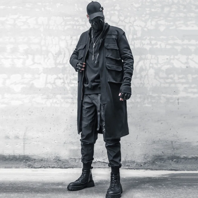 Techwear Style Multi-pocket Patchwork Design Mid-length Trench Coat Mens Clothing Y2K High Street Tactical Function Jackets