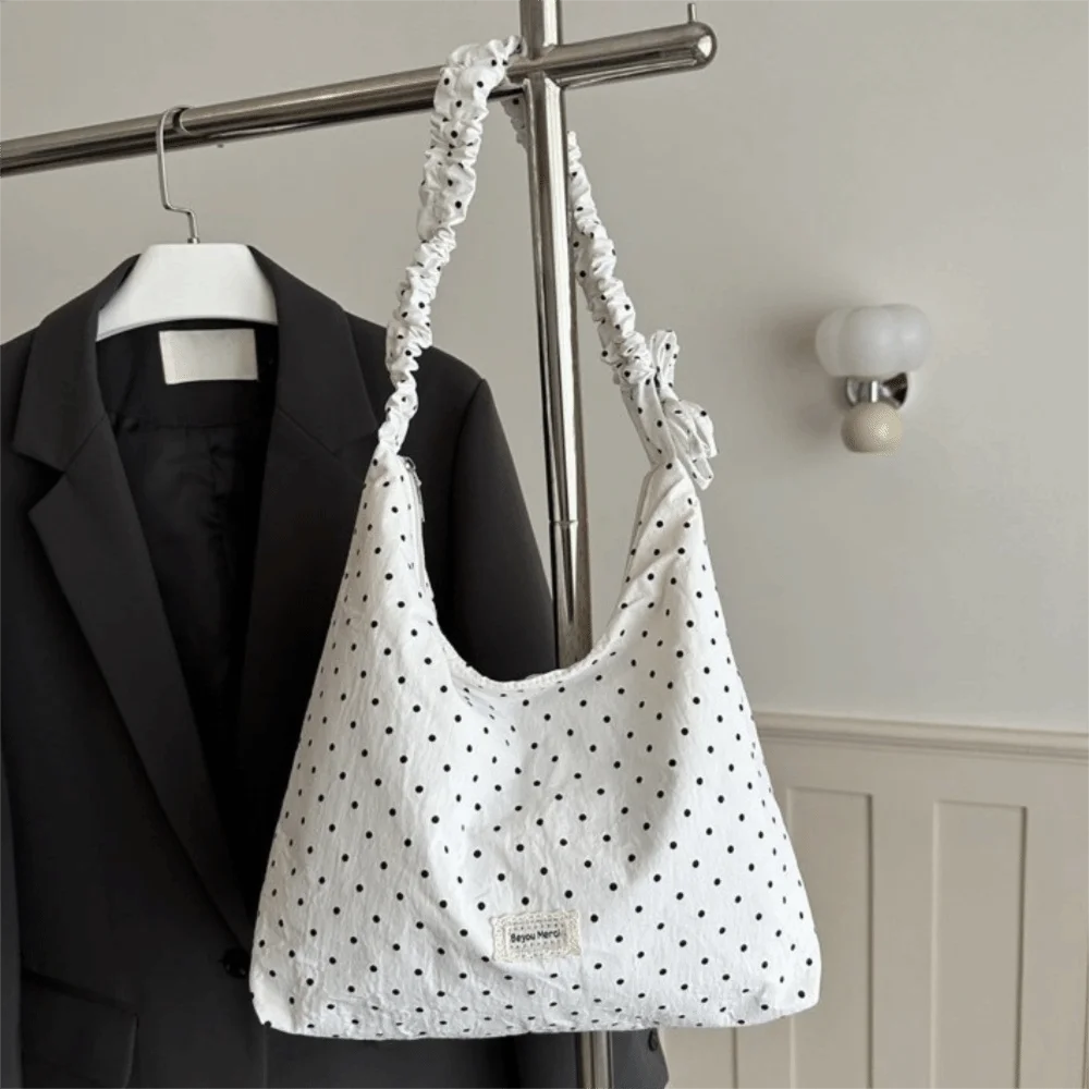 Borsa a Spalla Retrò con Manico Arricciato e Motivo a Pois, Stile Coreano, Leggera, Grande Capacità, Borsa Hobo per Donna - immagine 4