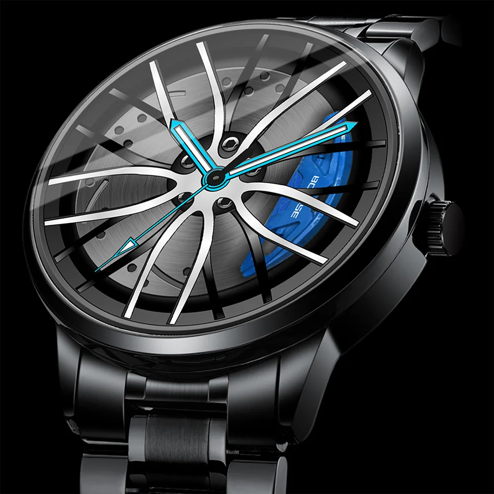 Luxry Hot Sell Car Rim Wristwatch 360 Degree Rotating Wheel Rim Dial Watches Stainless Steel Waterproof Sport Quartz Clock