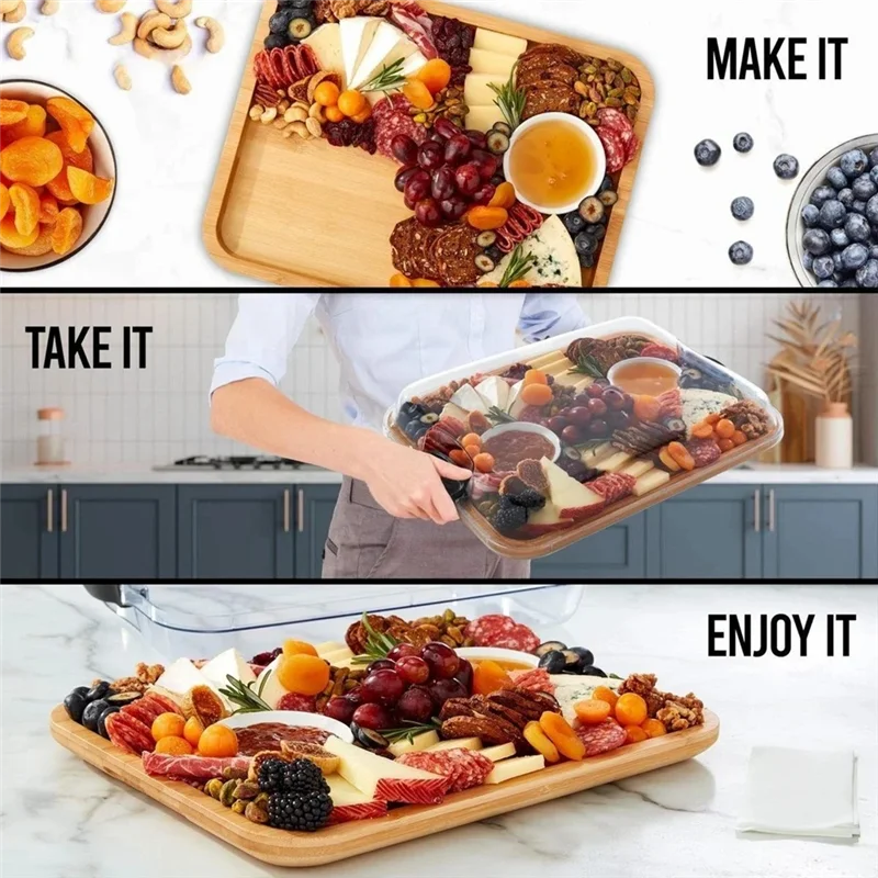 Wooden Cheese Board Snack Tray With Grid Fruit Bento Box Picnic Box Tray For Outdoor Travel Camping Vacations 2