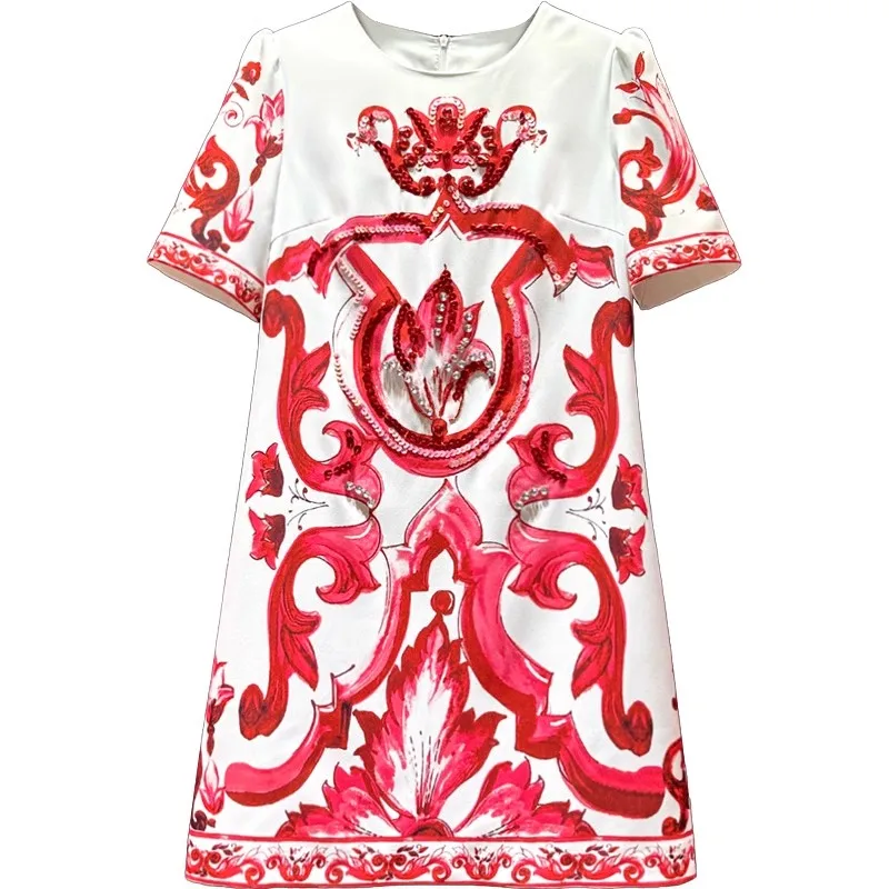 

Evagina New Red Porcelain Print Sequins Diamonds Short Sleeved Vintage dress Spring Summer Fashion Women's Slim Mini Dresses