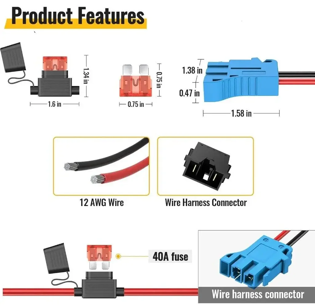 12 AWG 와이어 하네스 40A 배터리 커넥터 Peg-Perego와 호환 12 볼트 배터리 자동차 타기 어린이 승마 장난감
