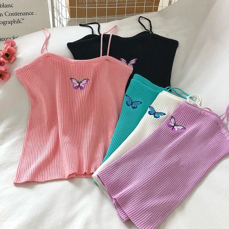 

Liba Sin Women Summer Cropped Camis Top Butterfly Embroidery Spaghettie Strap Rib Solid Crop Top Casual Sweet Going Out Tops