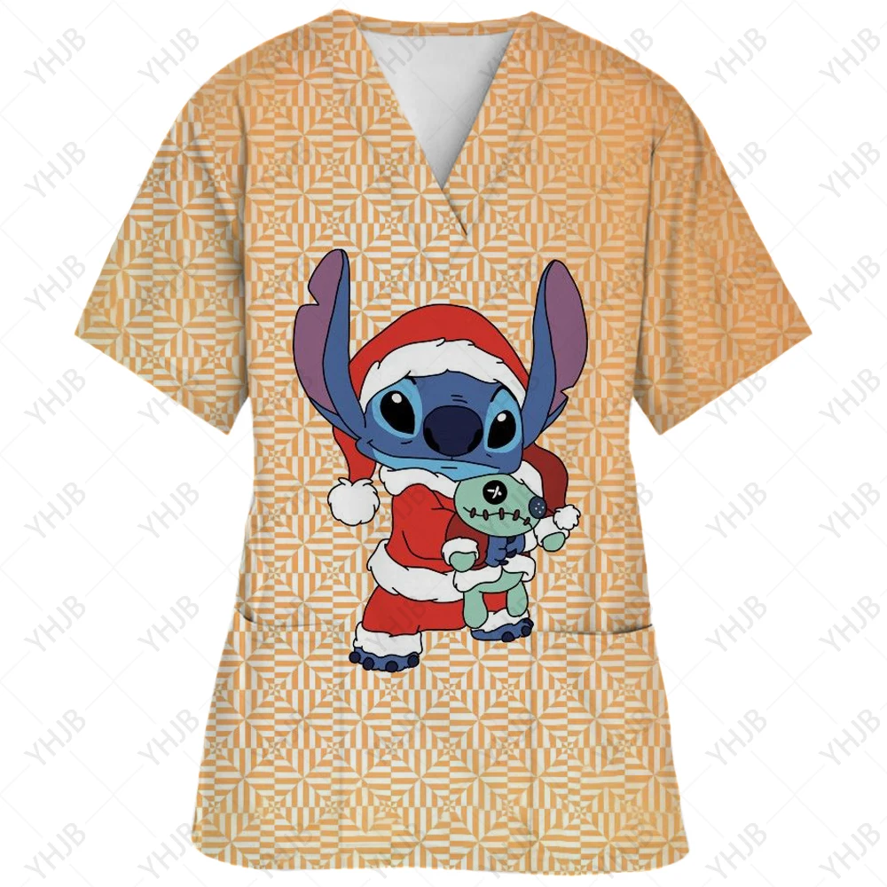 thumbnail image 1 of Blusa de uniforme de trabajo con cuello en V y cordón de manga corta con estampado de dibujos animados de Disney Stitch para mujer, 1 of 5