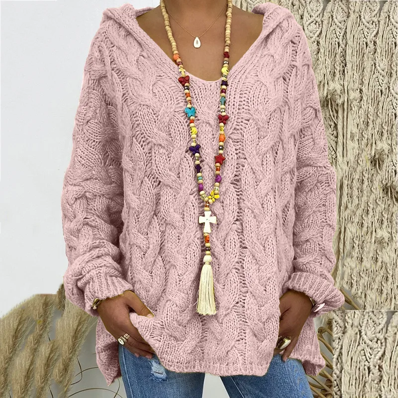 

Sweater solid color autumn and winter 2023 new European and American popular Fried Dough Twists knitted hoodie