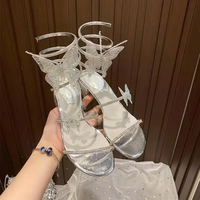 Summer Women's Sandals Fashion Rhinestone Butterfly Wrap Mid Heel Banquet Luxury Wedding Bridal Shoes