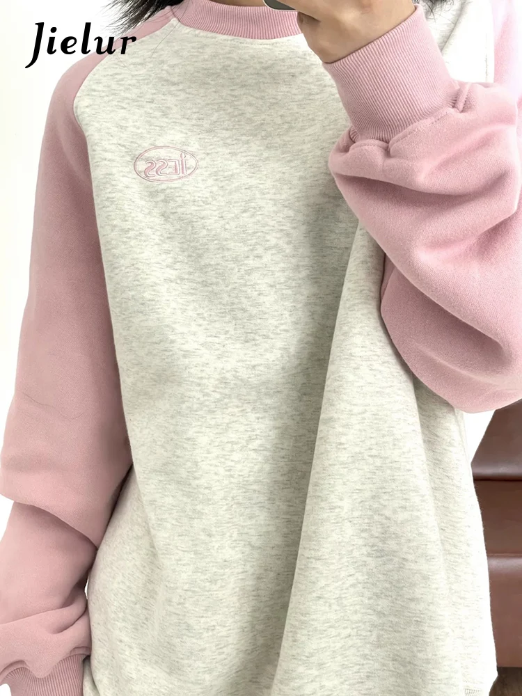 

Jielur Autumn New Contrast Color Slim Hoodies Woman Casual Loose Street Hoodies Female Simple Basic Fashion Sweatshirts Women
